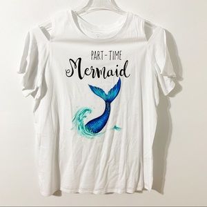 Woman Within Cold Shoulder Part Time Mermaid Graphic Tee Crewneck ⚪️🔵🧜‍♀️